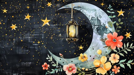 Crescent moon with flowers and a lantern, yellow stars on a black background, watercolor painting in the style of cute boho style
