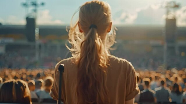 Woman speaks at rally with microphone in front of large crowd. Concept Rally Speech, Public Speaking, Activism, Crowd Engagement, Leadership