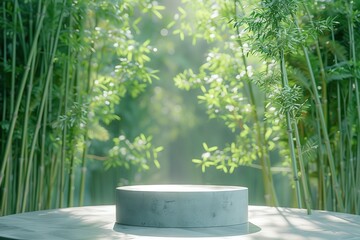 3d products display podium scene. Bamboo forest in the background. Showcase