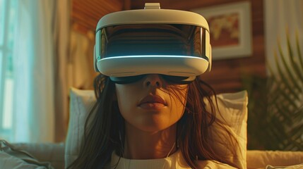Woman Experiencing Virtual Reality at Home in Evening Light