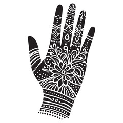 Vintage Henna Hand, Henna Patterned Hand, Eid-Themed Hand, Henna-Decorated Hand, vintage silhouette of a henna-decorated hand or foot with Eid-themed patterns black and white illustration