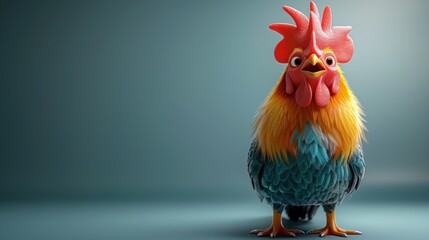 Cute rooster cartoon 3d on the right side with blank space for text