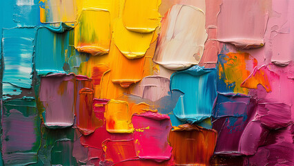 heavy palette knife strokes of colorful paint on a wall