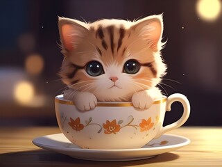 a kitten in a teacup with a floral pattern.