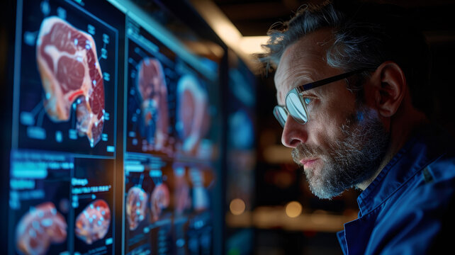 Man examining meat steaks