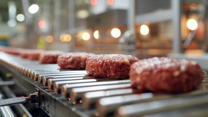 Hamburger patties on a production line in a factory