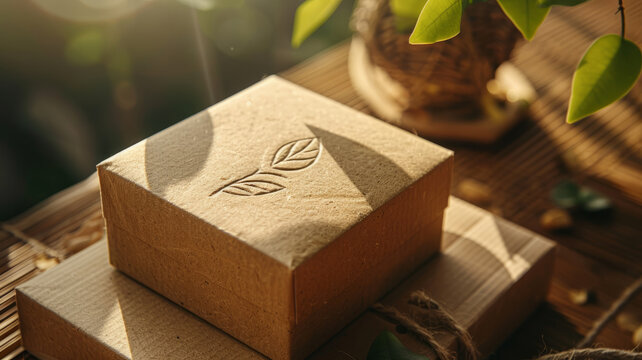 A sustainable cardboard gift box with leaves engraving.