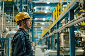 Professional Engineer in a Yellow Hard Hat Inspecting Machinery in a Large Manufacturing Plant