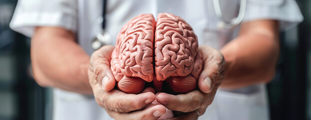 Neurosurgeon holding model brain, explaining surgery procedure, medical consultation. - obrazy, fototapety, plakaty