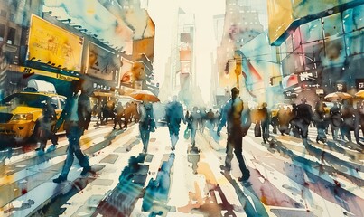 Pedestrian crossing in the center of a big city with skyscrapers, crowds of people crossing the road, watercolor drawing