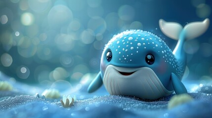 Cute whale cartoon 3d on the right side with blank space for text