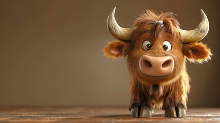 Cute yak cartoon 3d on the right side with blank space for text
