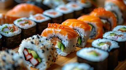  Close-up of sushi rolls on wooden table with additional sushi on side of plate