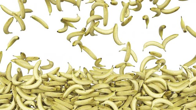 Full frame of falling bananas on white background. 3d rendering animation.