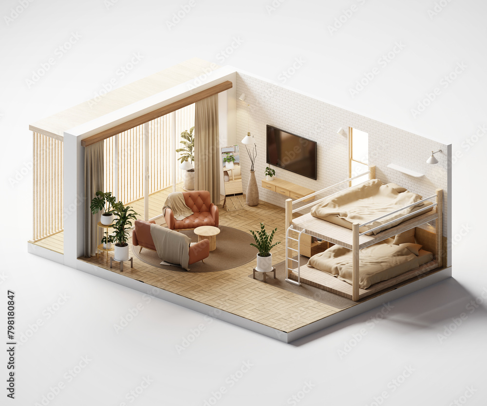 Poster isometric view bed room open inside interior architecture 3d rendering digital art