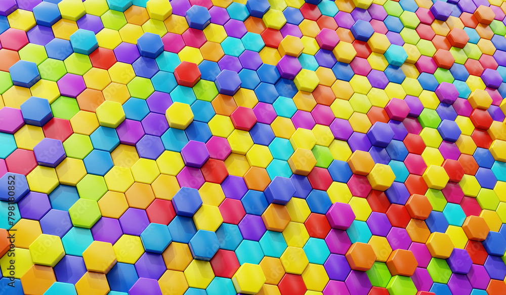 Poster abstract row of rainbow colorful futuristic objects background 3d rendering