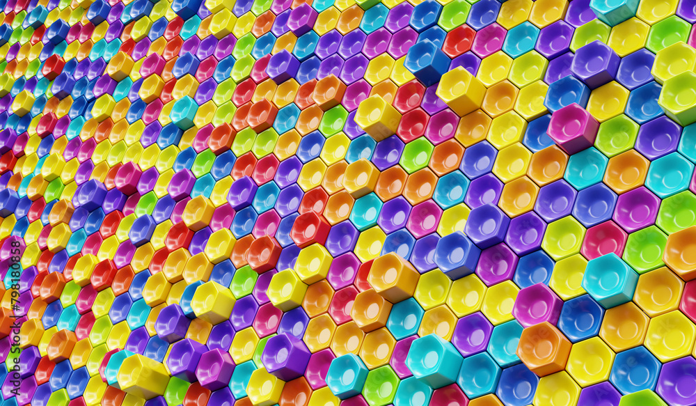 Poster abstract row of rainbow colorful futuristic objects background 3d rendering