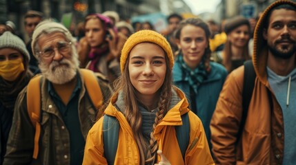 Fototapeta premium A group of people are standing together, one of them is wearing a yellow hat