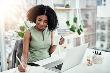 Black woman, writing and office research at laptop as journalist with notebook, creative or project planning. Female person, smile and coffee up in startup agency for brief, review or brainstorming