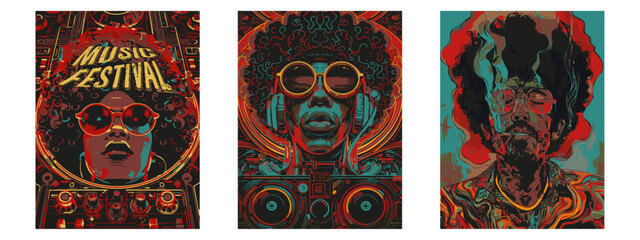 Set of  pop art  style illustration.. Retro Music Festival Poster. Soulful Beats and Groovy Vibes, Afro American woman and man, DJ console, headphones.