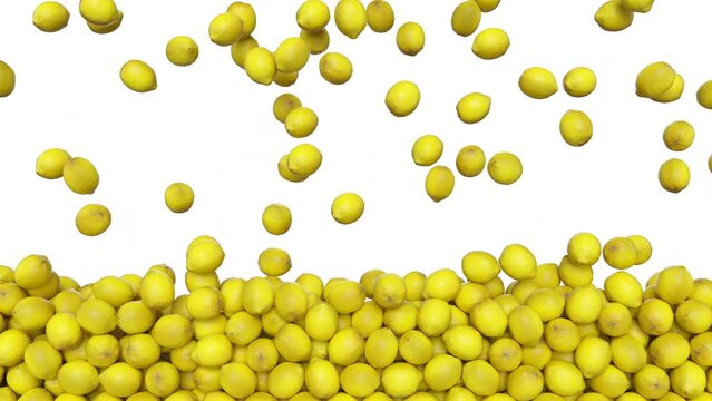 Full frame of falling lemons on white background. 3d rendering animation.
