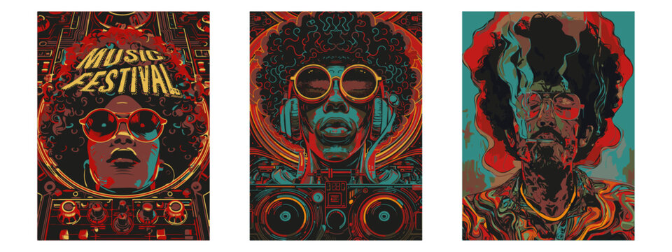 Set of  pop art  style illustration.. Retro Music Festival Poster. Soulful Beats and Groovy Vibes, Afro American woman and man, DJ console, headphones.