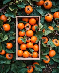 Persimmons in wooden crate, blurred plantation background. Crate of persimmons at local sustainable farmers market.