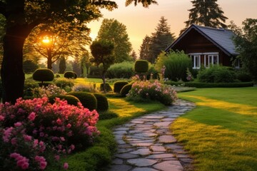 Fototapeta premium Beautiful manicured lawn flower architecture landscape.