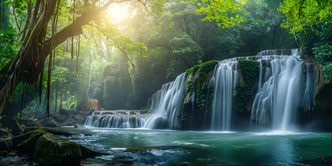 Nature's Symphony Majestic Waterfall amidst Lush Jungle Foliage and Towering Rocks