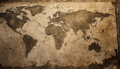 Aged global map with intricate cartographic details and navigational lines, showcasing a time-worn...