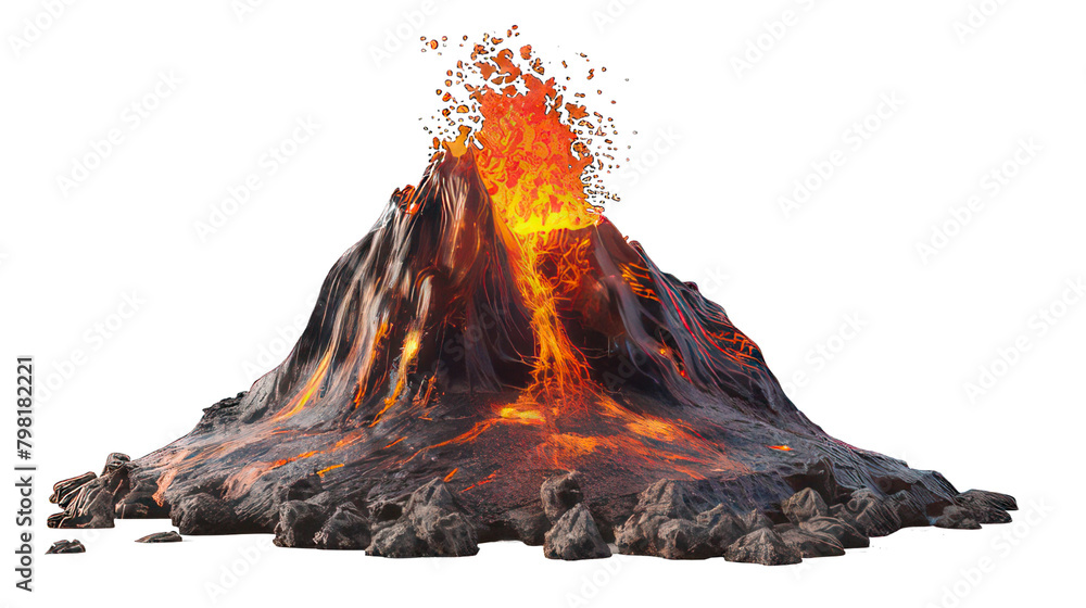 Poster erupting volcano isolated on white created with generative ai