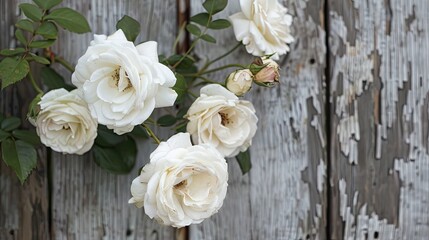 White roses set against a rustic wooden backdrop