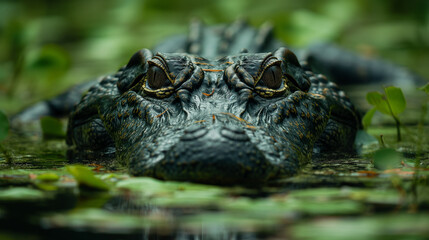 Obraz premium Marshland Majesty: In the heart of a lush, green marshland, an alligator lurks just beneath the surface of the murky water. Its eyes, barely visible above the waterline, gleam with