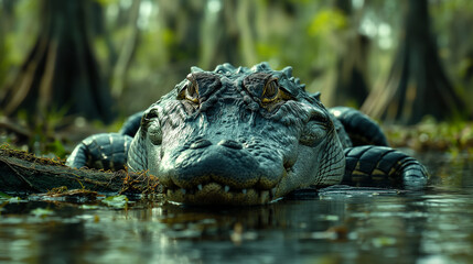 Obraz premium Swamp Sentinel: Amidst the tangled roots and murky waters of a swamp, an alligator rests on a half-submerged log, its reptilian gaze fixed on the surrounding expanse. Moss-covered