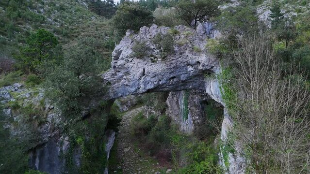 Landscape around the natural stone Arch of Jentilzubi in Dima in the Province of Bizkaia. Basque Country. Spain. Europe