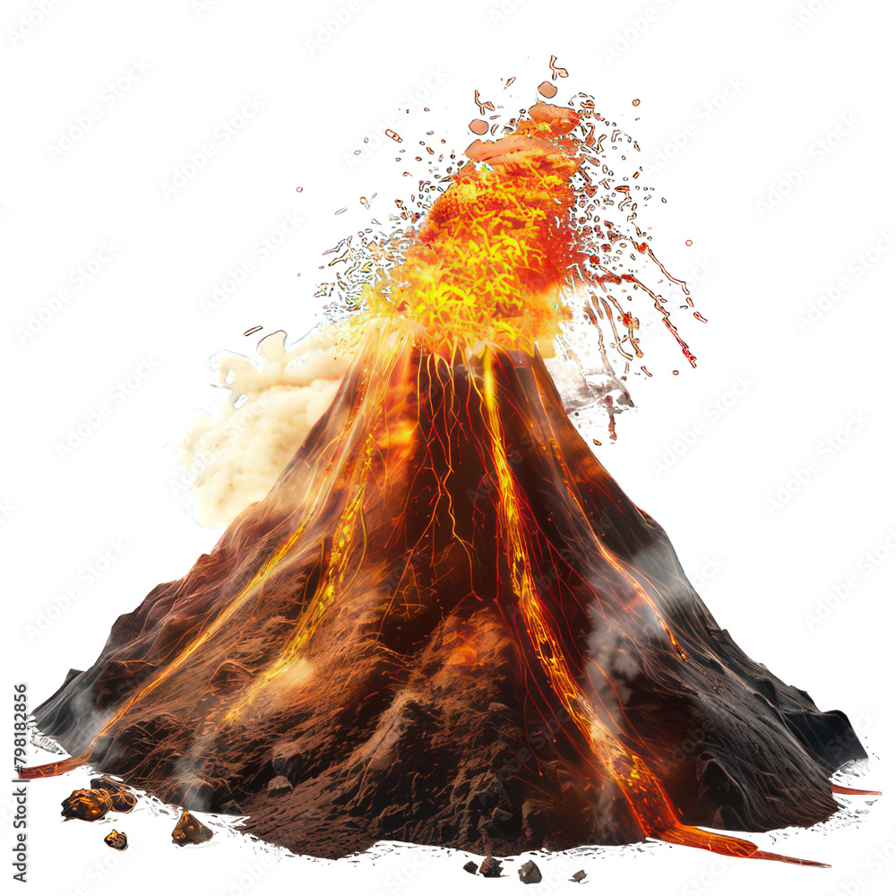 Poster erupting volcano isolated on white created with generative ai