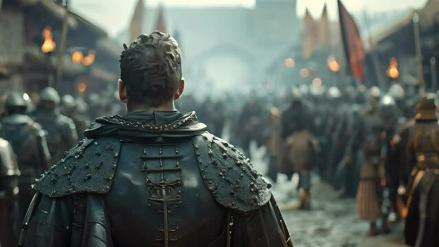 A man in armor leads his allies into battle on a busy street. Concept Medieval Warfare, Urban Setting, Heroic Leader, Teamwork, Historical Reenactment