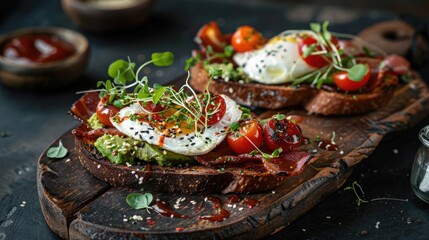 Brunch with poached eggs, an avocado toast served with whole-grain bread, garnished with cherry tomatoes, microgreens on rustic wooden plates