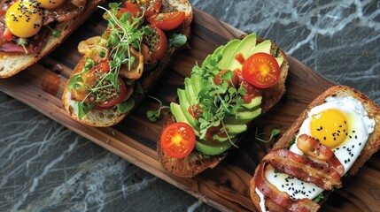 Brunch with poached eggs, an avocado toast served with whole-grain bread, garnished with cherry tomatoes, microgreens on rustic wooden plates
