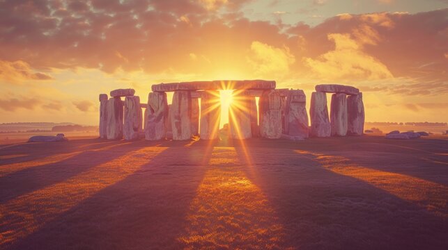 Radiant sunrise illuminates Stonehenge during the Summer Solstice celebration casting long shadows and highlighting the ancient monolithic structures