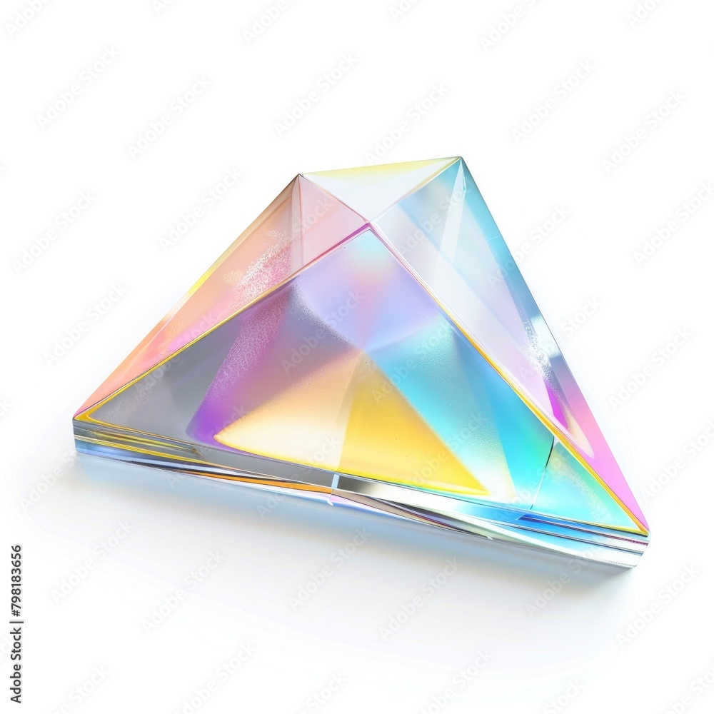 Poster pyramidal structure with an iridescent finish reflects a spectrum of colors,