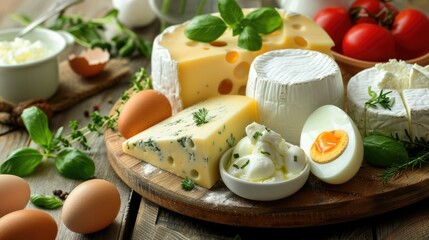 Farm-to-table meal with a selection of farm-fresh dairy products and eggs served on a rustic wooden platter. Variety of cheeses, yogurt, fresh herbs