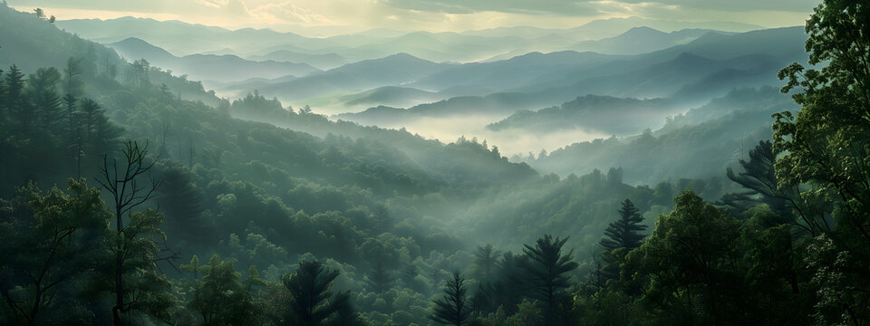 A panoramic view of the Great Smoky Mountains, covered in dense green forests and misty hills