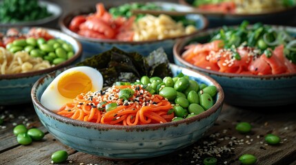   A close-up of a bowl with carrots, peas, and an egg on top