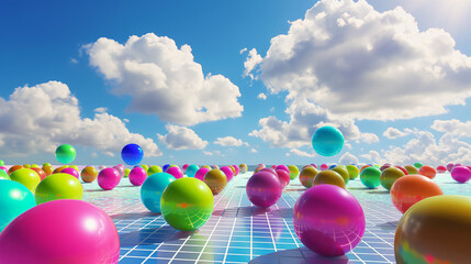  3d render of colorful spheres on grid floor with blue sky and clouds in background