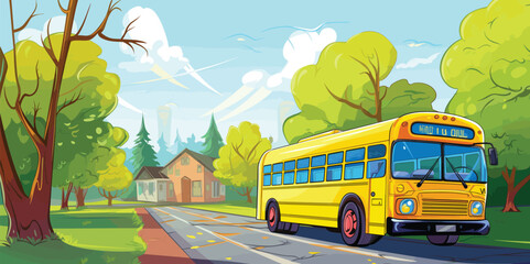 Children's Illustration, School Bus Driving Through Suburban Neighborhood, School Vector