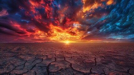 Psychedelic sky radiates vibrant hues over a surreal deep-cracked desert floor offering an otherworldly scenic view