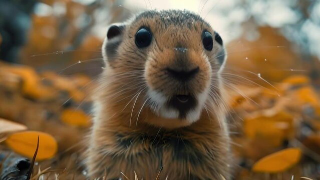 Curious lemming in natural habitat distorted fisheye effect closeup shot. Concept Wildlife Photography, Nature Close-up, Fisheye Lens, Animal Portraits, Distorted Perspective