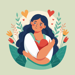 Self love concept, woman hugging herself. Love yourself. Love your body concept. Girl Healthcare Skincare. Take time for your self. Vector illustration. Woman hugging herself with hearts. Multi-ethnic