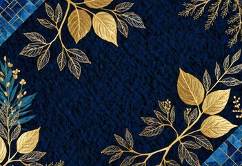 Dark blue elegant fabric adorned with golden leaf patterns, depicting luxury and intricate design. Ideal for fashion or decor with a touch of opulence.